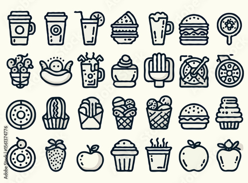 Simple black line vector icons of food and drink, clean iOS 8 style