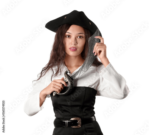 Beautiful young Asian woman dressed as pirate with sword isolated on white background