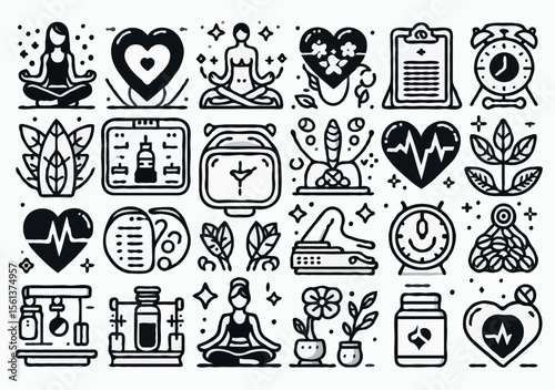 Set of modern monochrome vector icons in outline style, themed around health and wellness