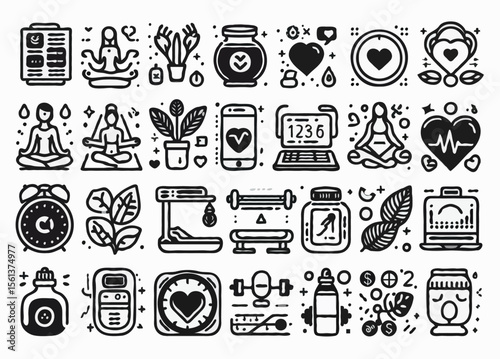 Set of modern monochrome vector icons in outline style, themed around health and wellness