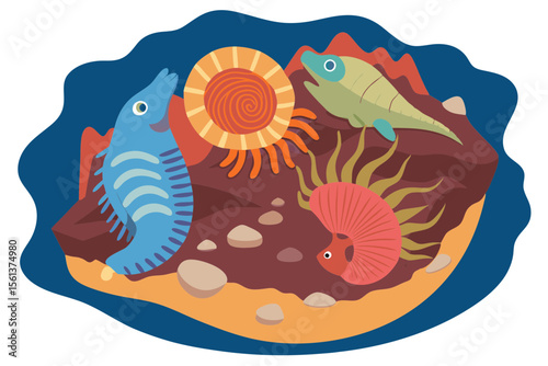 Fossil Rock Vector with Prehistoric Sea Creatures for Science Theme