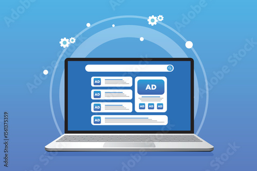 Digital Advertising Strategy concept. Programmatic advertising and Native online advertising illustration with laptop