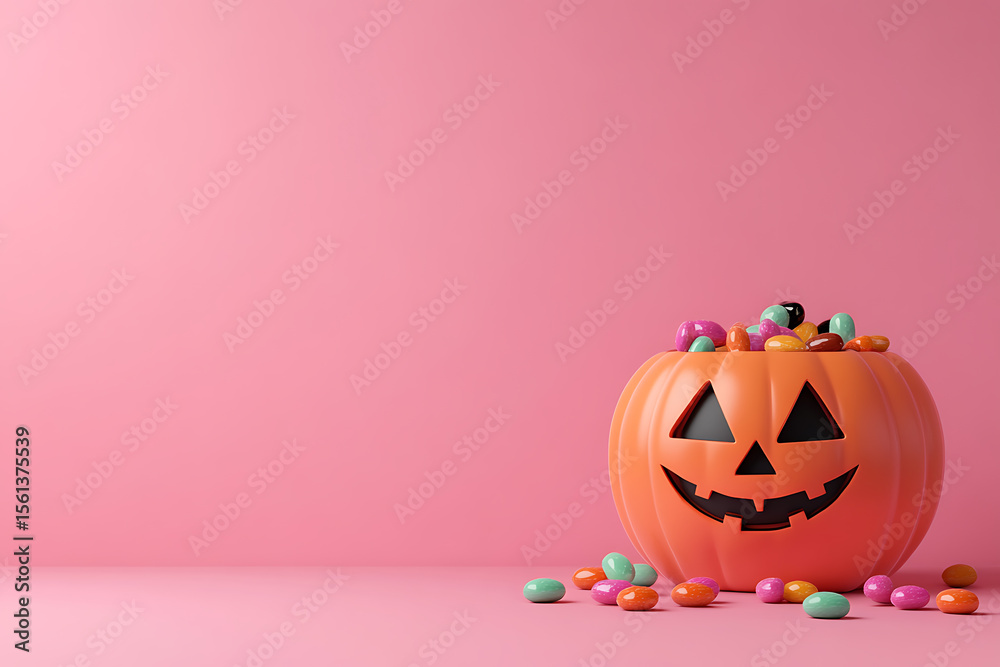 Fototapeta premium Orange halloween pumpkin filled with colorful candies on a pink background