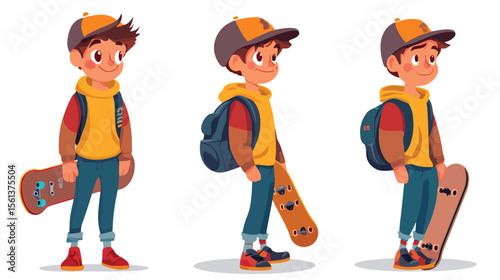 Cool Cartoon Teenager Holding Skateboard and Wearing Urban Street Style Outfit
