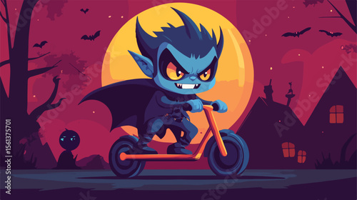 Cartoon Vampire Monster Riding Scooter at Masquerade Party