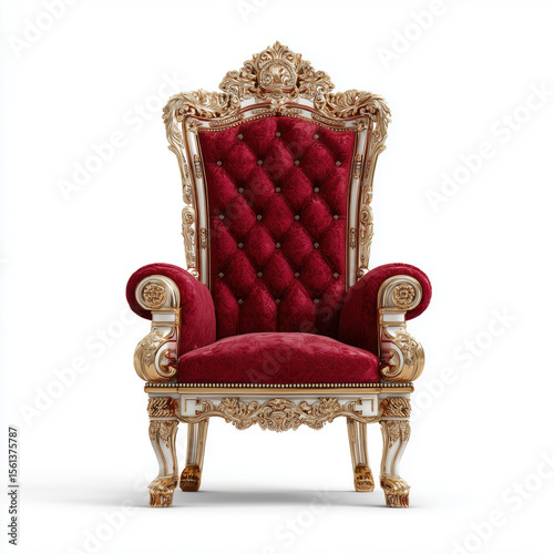 Opulent Red Throne Chair with Ornate Gold Details , white background cut out PNG