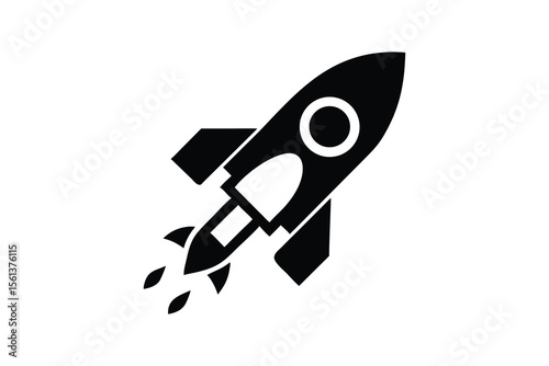 Bold Black Rocket Ship Icon Launching Upward, Symbolizing Startup Success, Innovation, and Rapid Growth in Business, Technology, and Space Exploration; Minimalist Design.