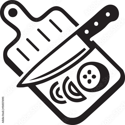 Cutting Board with Knife and Sliced Vegetables