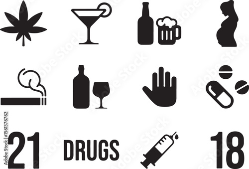Alcohol and Drugs Awareness Icons – Flat Black Vector Set of Wine, Beer, Syringe, and Hand Symbols for Health Campaigns
