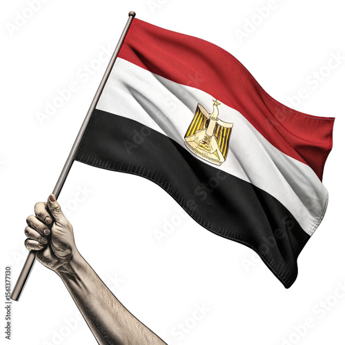 Egyptian flag raised in hand with transparent PNG showing cultural heritage and strong symbolic identity