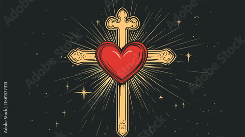 Sacred Catholic Cross and Heart Flat Vector Illustration