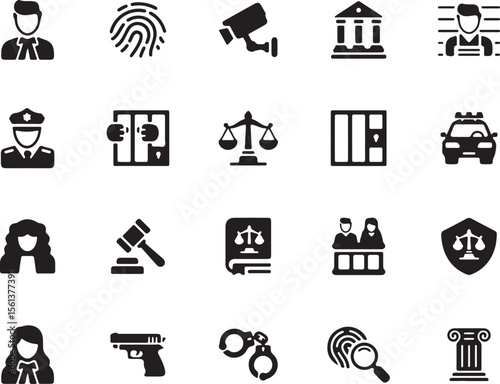 Security and Law Icons – Black Solid Vector Illustrations for Cybersecurity, Legal Firms, Government, and Identity Protection