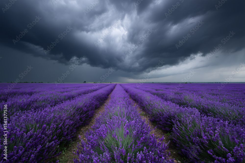 Obraz premium Lavender Field Under Dark Storm Clouds – Dramatic Landscape Nature Scene