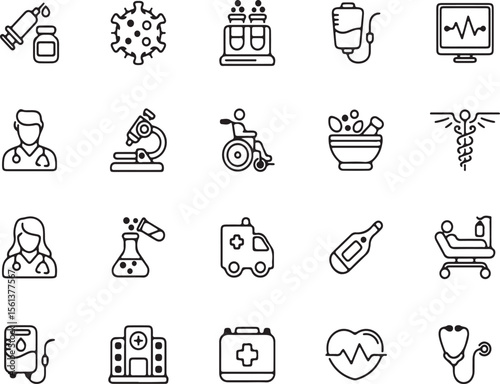 Fitness and Medical Line Icons – Gym Dumbbell, Arm Muscle, Water Bottle, Medicine, Health Pack