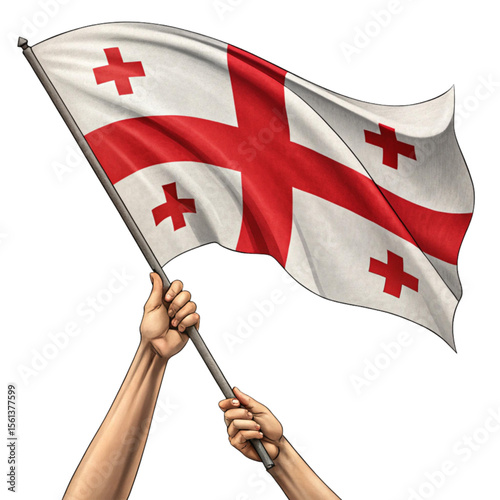 Georgian flag in waving hand illustration with transparent PNG showing cross motif and cultural pride