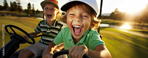 Two kids joyfully driving a golf cart on a sunny course, capturing the fun of a day outdoors with friends and family