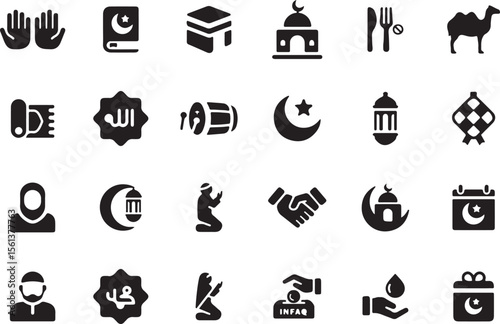 Religion and Worship Glyph Icons – Mosque, Temple, Church, Book, Moon, Praying Hands, Candle for Culture, Faith, and Spirituality