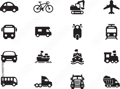 Transportation Vector Icon Pack – Bike, Scooter, Truck, Bus, Cargo in Flat Black Style for Map, Travel, and Logistics Design Projects