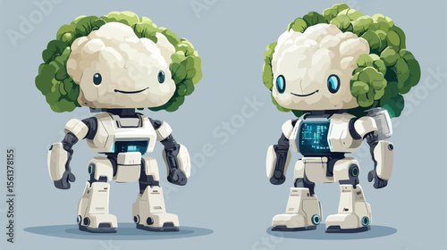 Futuristic Cartoon Robot with Cauliflower Head Vector Illustration