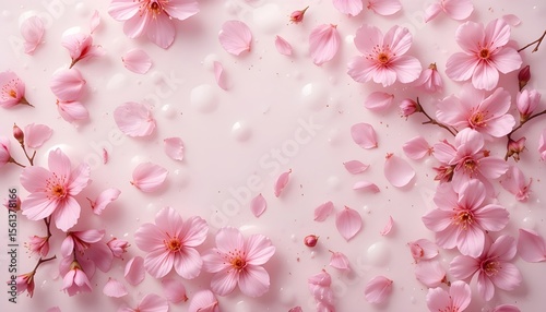 Abstract Cherry Blossom Background – Pink Flowers and Petals Floating in Soft Milky Water