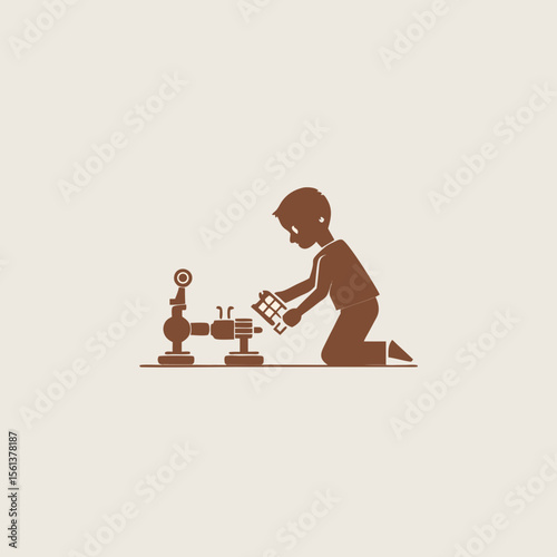 Child kneeling and assembling a mechanical toy with gears and levers