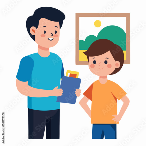 Happy man and boy standing together with a clipboard and a framed painting