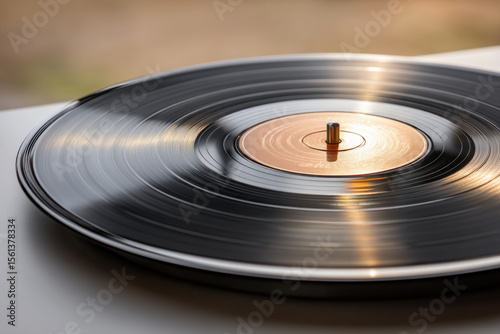 Spinning vinyl record black disc music retro analog close up nostalgic high fidelity detail sunlight reflection