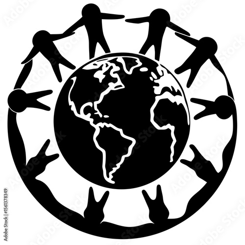 Diverse people holding hands in a circle around the planet earth