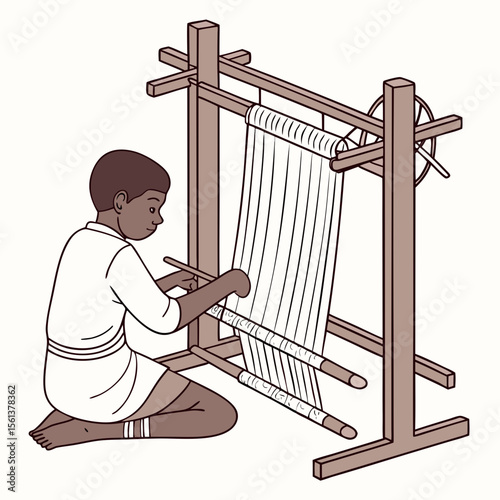 Young boy operating a traditional wooden loom to weave fabric