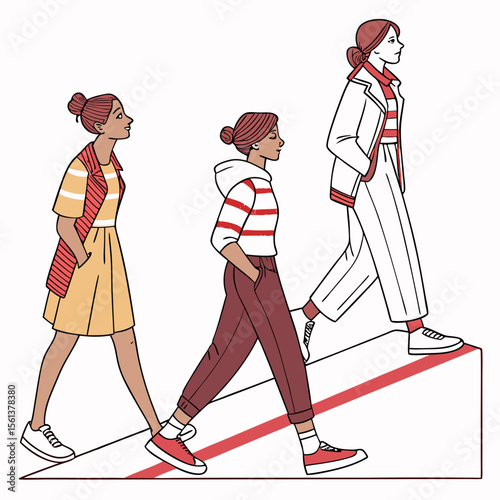 Three stylish women walking up a ramp in fashionable outfits