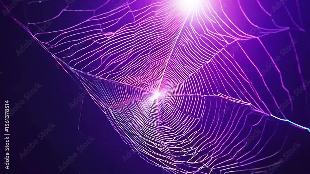 A glowing spider web lit with vibrant pink and purple neon light, forming a hypnotic pattern in the dark, resembling a digital or futuristic structure