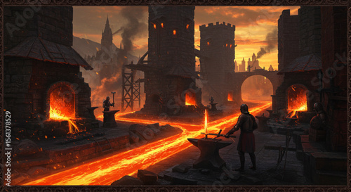 Medieval Foundry Molten Metal Flows Through City Streets