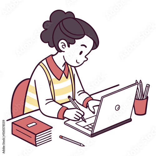 Young girl studying and writing with a laptop and books at her desk