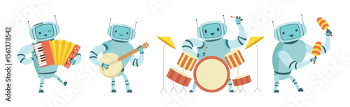 Robot Musician Character Playing Musical Instrument Vector Set
