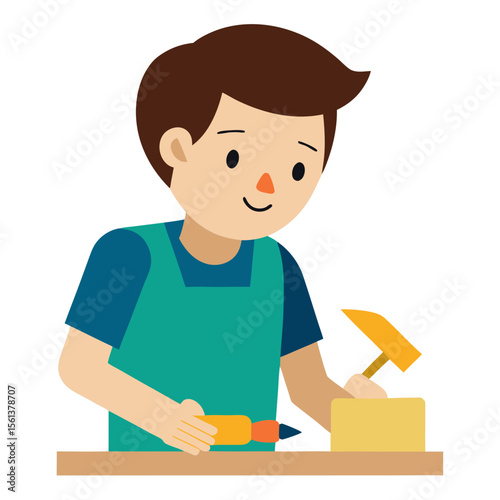 Young boy wearing an apron happily working with wood and tools