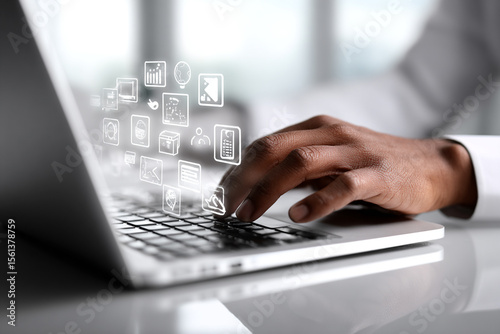Businessman using a computer to document management concept, online documentation database and digital file storage system/software, records keeping, database technology, file access, doc sharing.