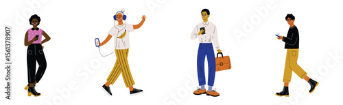 Young Man and Woman with Smartphone Gadget Vector Set