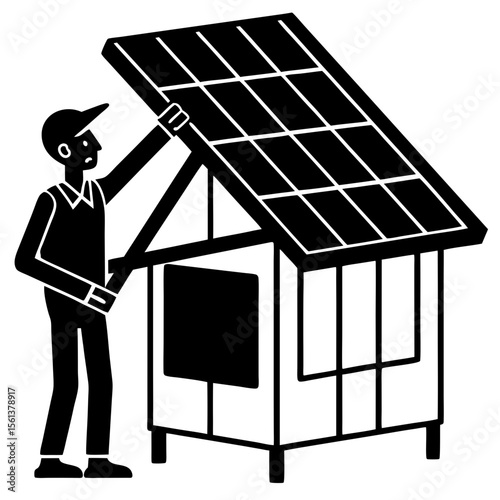 Worker installing solar panel on a small structure for renewable energy