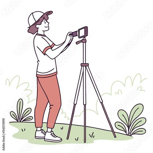 Young person in casual clothes filming with a camera on a tripod outdoors