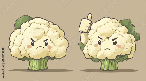 Cheerful cartoon cauliflower head with thumbs up and thumbs down gestures