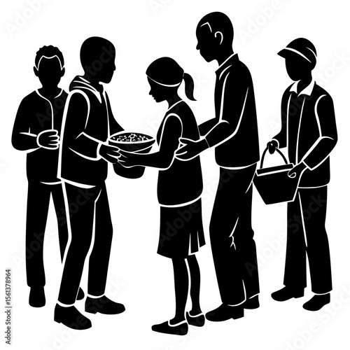 Diverse group of people sharing food and resources in a community