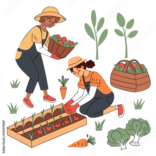 Two women in hats and overalls harvesting fresh vegetables from a garden bed