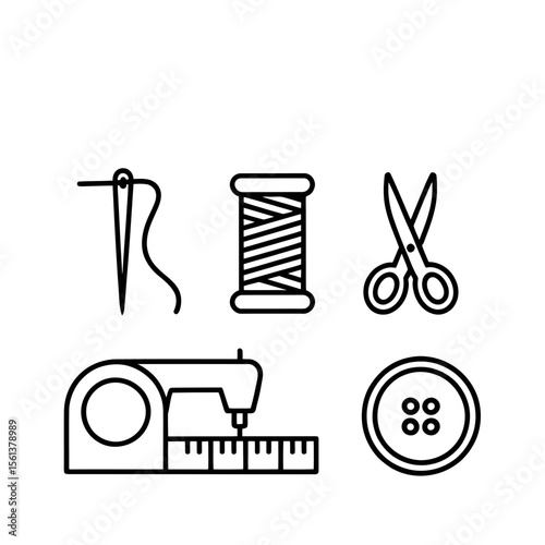 Outlined icons represent various sewing tools including a needle and thread, spool, scissors, sewing machine, and button.