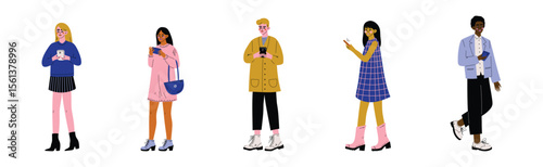 Young Man and Woman with Smartphone Gadget Vector Set