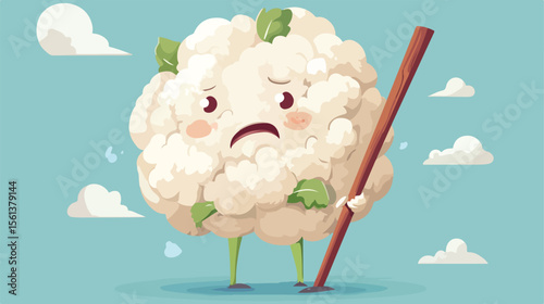 Sick Cauliflower Character with Limping Stick - Unique and Creative Image for Design Projects