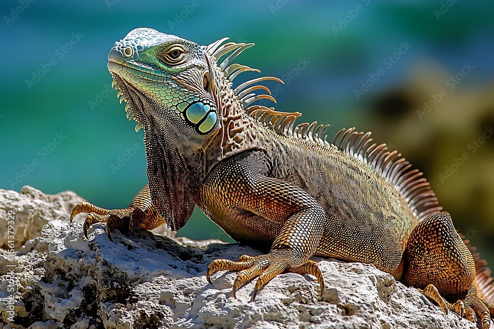 Fototapeta premium Iguana basking on rocky shoreline caribbean beach wildlife photography tropical environment close-up view nature exploration