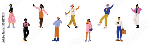 Young Man and Woman with Smartphone Gadget Vector Set