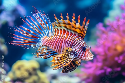 Colorful lionfish swimming gracefully in vibrant coral reef underwater photography marine ecosystem close-up view
