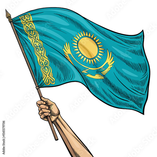 Kazakhstan flag waving in raised hand transparent PNG showing steppe culture and national symbolism