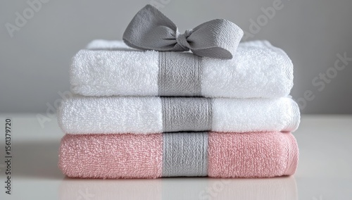 Stack of white and pink towels with a gray ribbon bow